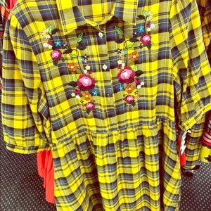 Mustard plaid embroidery button dress by Oddi
